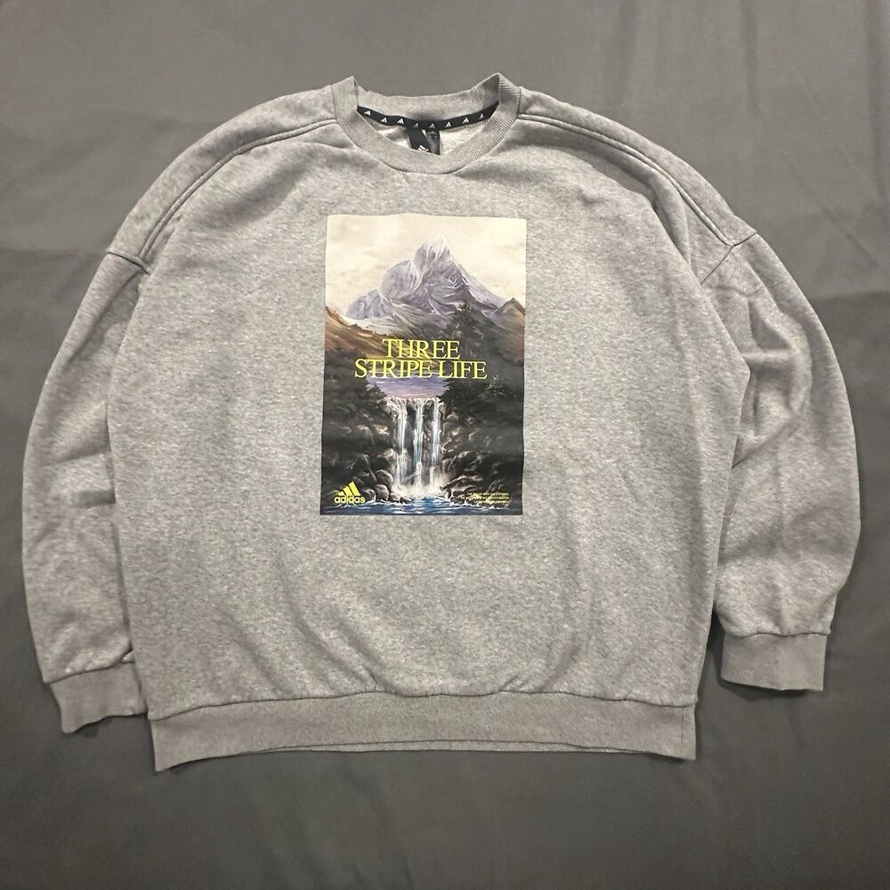 Adidas Sweatshirt 3 Stripe Life Mens XL Mountain Waterfall Fleece Pullover Gray